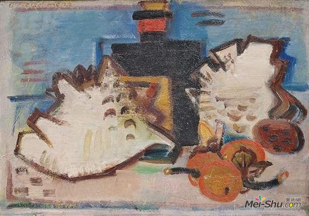 阿道夫-弗莱希曼(Adolf Fleischmann)高清作品《用水果、蚌和瓶子进行生活》