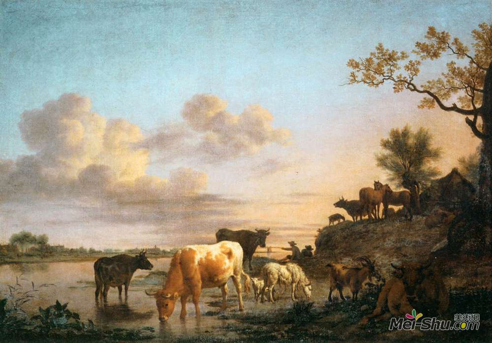 阿德里安·凡·德·维尔德(Adriaen van de Velde)高清作品《河边的动物》