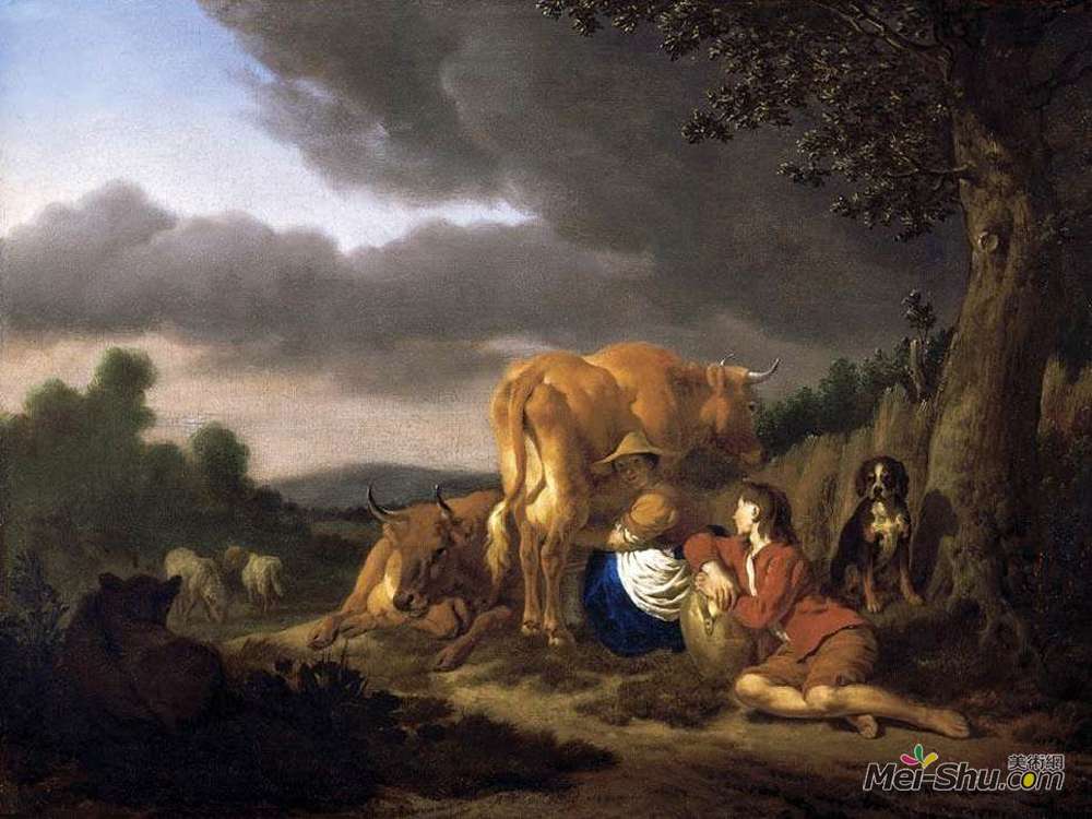 阿德里安·凡·德·维尔德(Adriaen van de Velde)高清作品《挤奶》