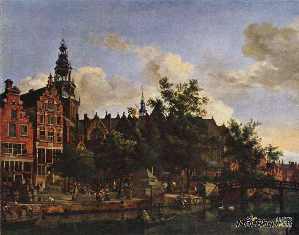 阿德里安·凡·德·维尔德(Adriaen van de Velde)高清作品《View of Oudezijds Voorburgwal with the Oude Kerk in Amsterda》