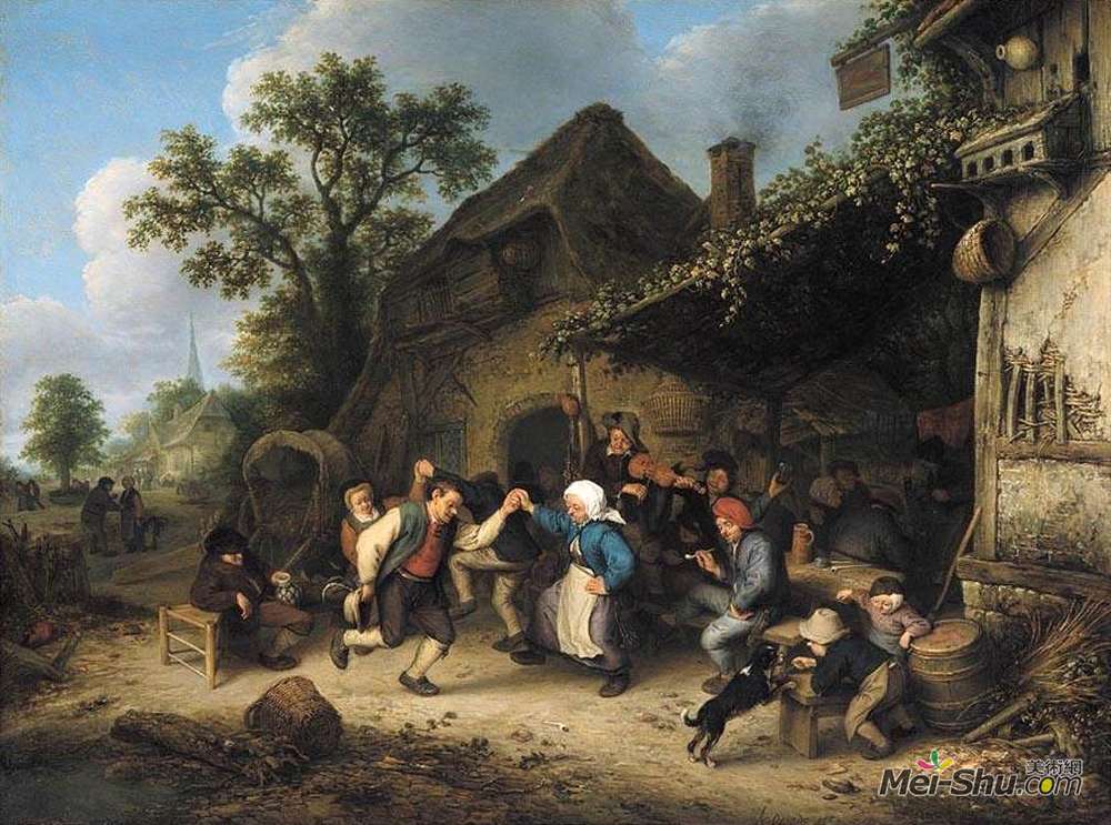 阿德里安·范·奥斯塔德(Adriaen van Ostade)高清作品《客栈外的农民狂欢跳舞》