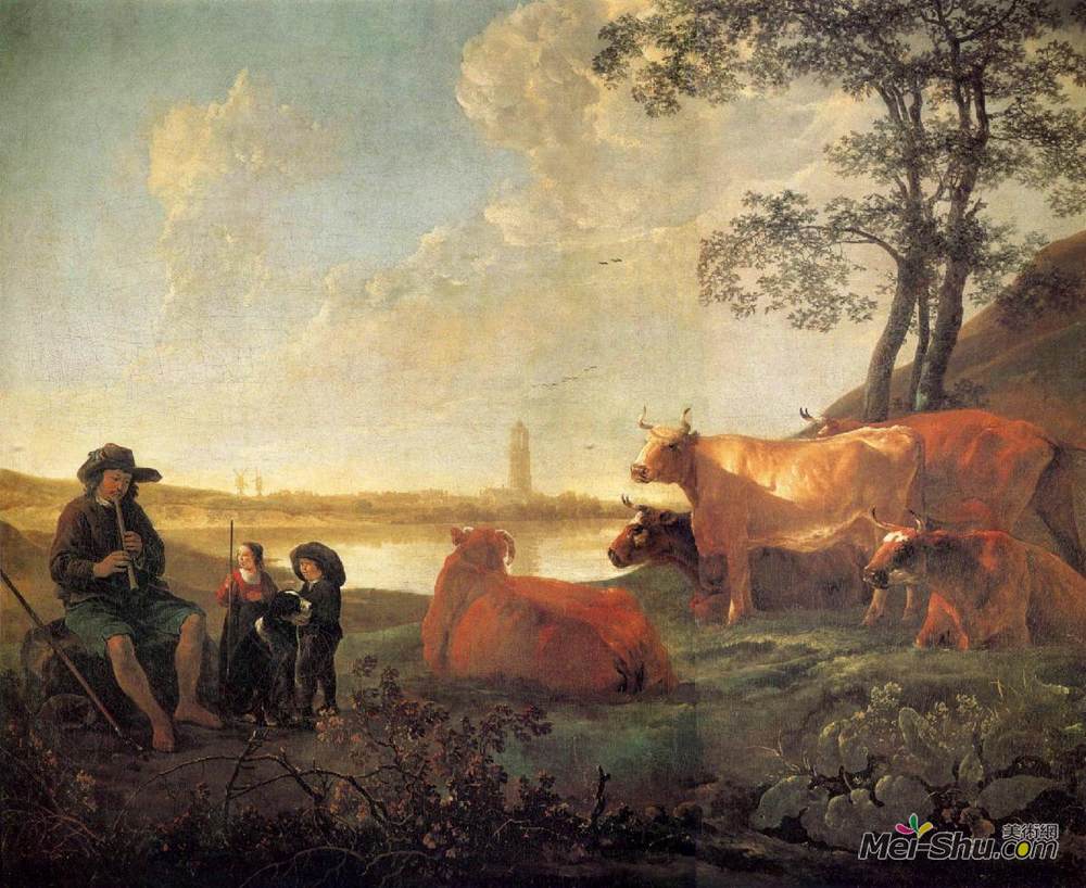 阿尔伯特·库普(Aelbert Cuyp)高清作品《牧羊人和羊群，雷嫩附近的风景》