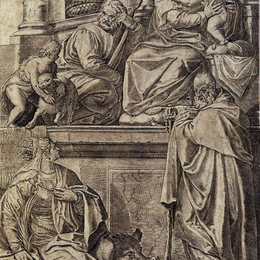 阿戈斯蒂诺·卡拉奇(Agostino Carracci)高清作品:The Holy Family with Sts. Anthony Abbot, Catherine and the I