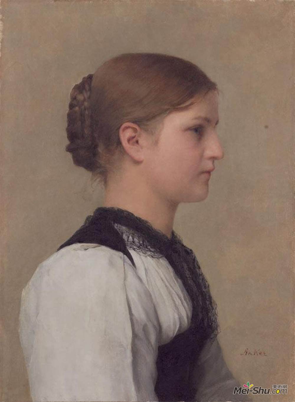 艾伯特安克尔(Albert Anker)高清作品《并购中的brustbild amp?dchens伯尔尼服装》