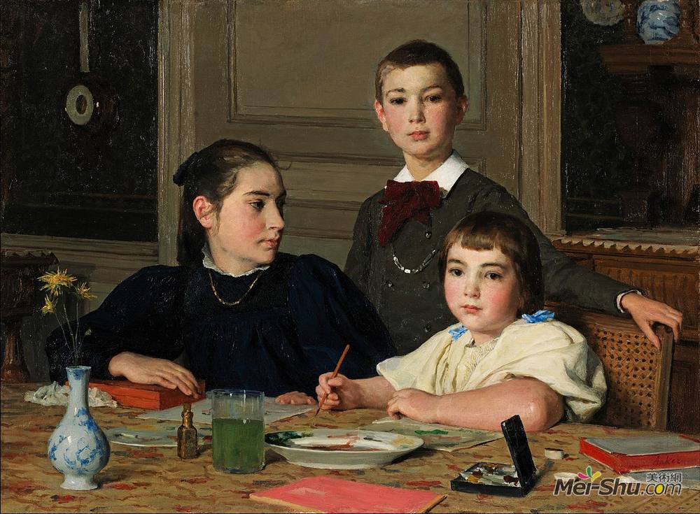 艾伯特安克尔(Albert Anker)高清作品《扎伊斯林的兄弟姐妹》