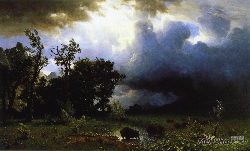 阿尔伯特·比尔施塔特(Albert Bierstadt)高清作品《水牛试探即将来临的风暴》