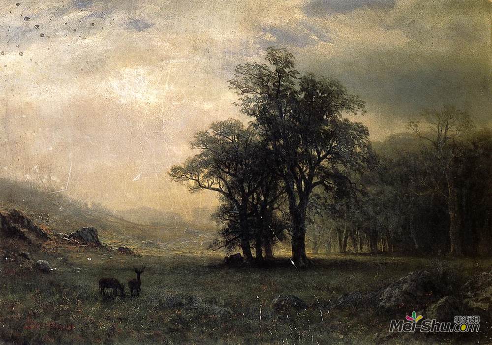 阿尔伯特·比尔施塔特(Albert Bierstadt)高清作品《山水中的鹿》