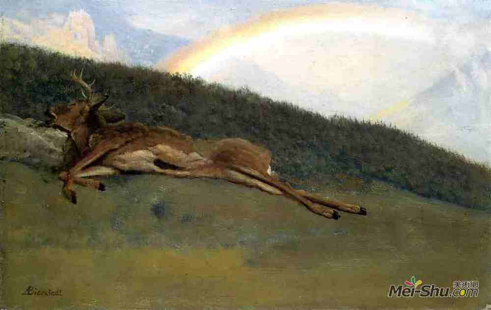 阿尔伯特·比尔施塔特(Albert Bierstadt)高清作品《堕落牡鹿上的彩虹》
