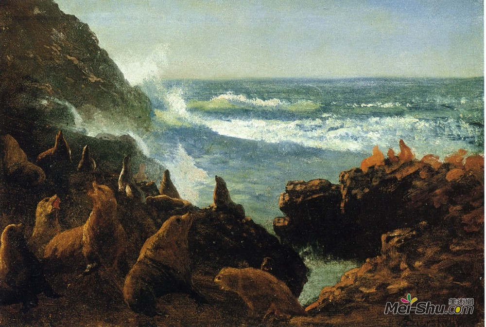 阿尔伯特·比尔施塔特(Albert Bierstadt)高清作品《海狮，法拉隆群岛》