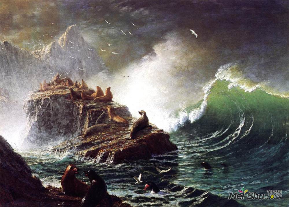 阿尔伯特·比尔施塔特(Albert Bierstadt)高清作品《法拉隆群岛上的海豹》
