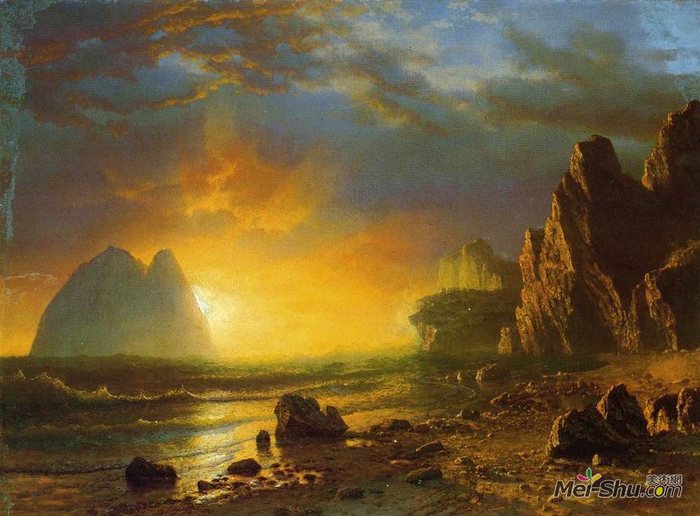 阿尔伯特·比尔施塔特(Albert Bierstadt)高清作品《海岸上的日落》