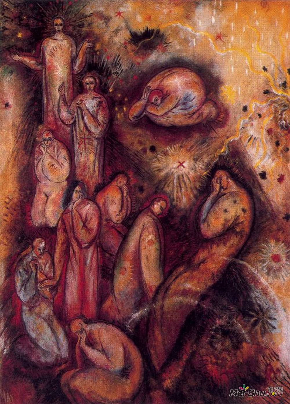 阿尔博特·布洛奇(Albert Bloch)高清作品《暗地上的人物》