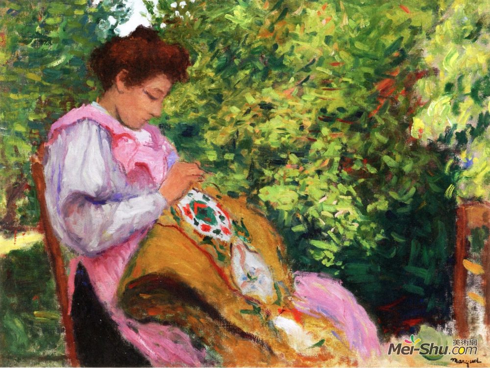 阿尔贝·马尔凯(Albert Marquet)高清作品《坐在花园里绣花的女孩》