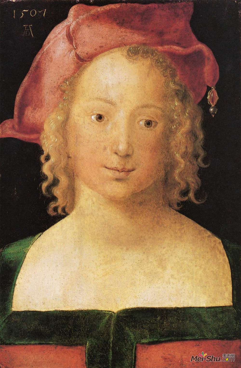 阿尔布雷希特·丢勒(Albrecht Durer)高清作品《面对一个穿着红色贝雷帽的年轻女孩》