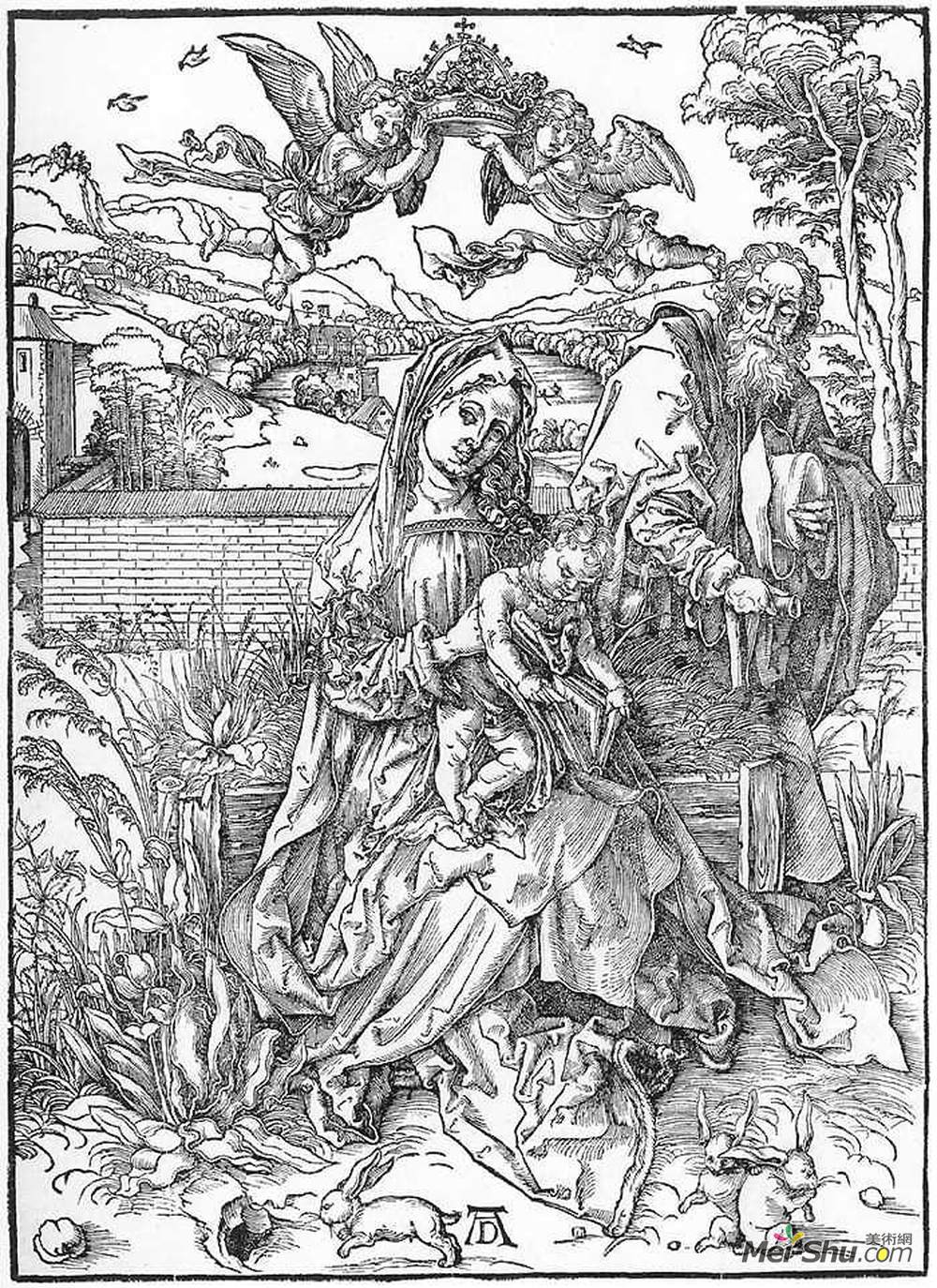 阿尔布雷希特·丢勒(Albrecht Durer)高清作品《有三只野兔的神圣家庭》