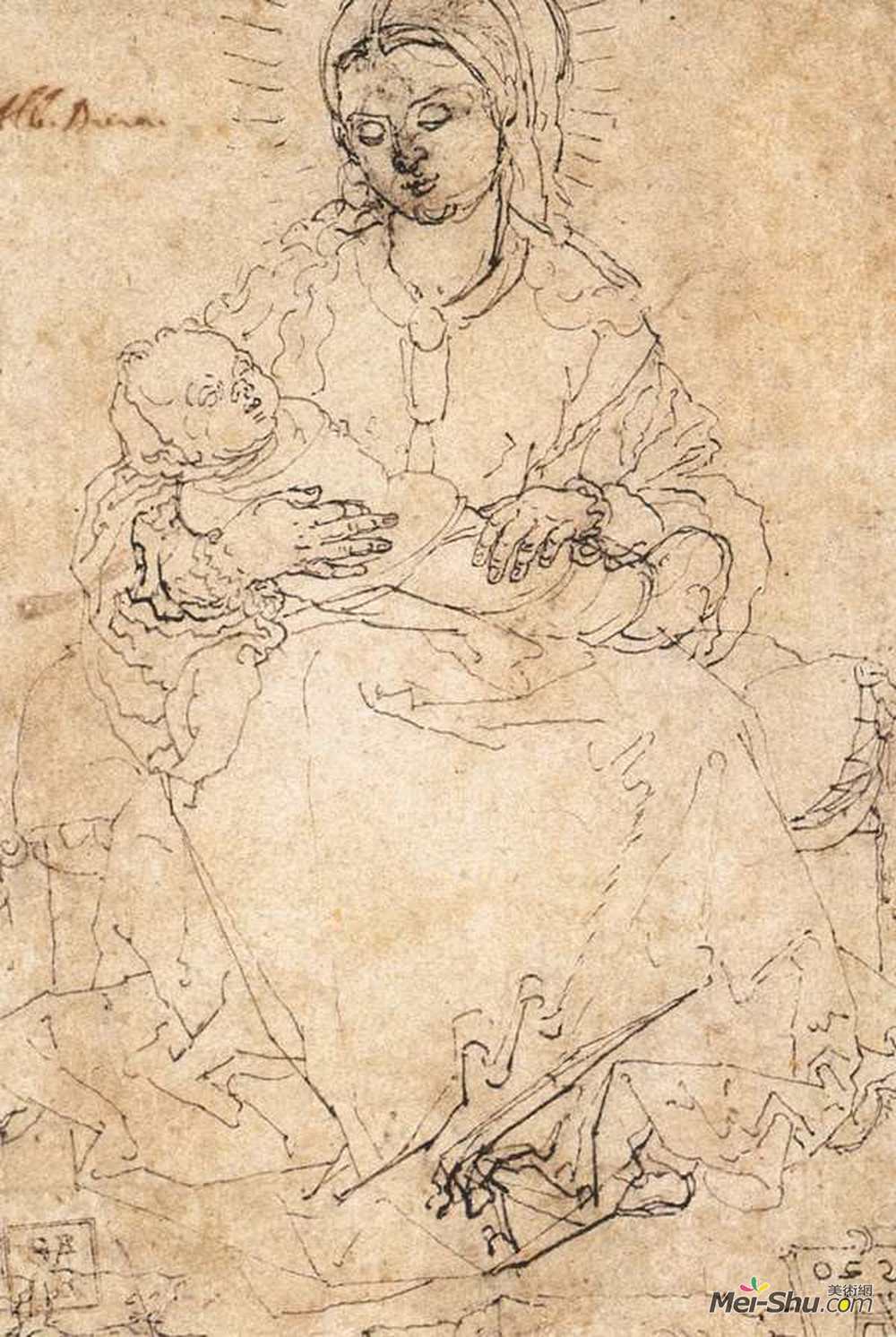 阿尔布雷希特·丢勒(Albrecht Durer)高清作品《麦当娜和孩子在石凳上》