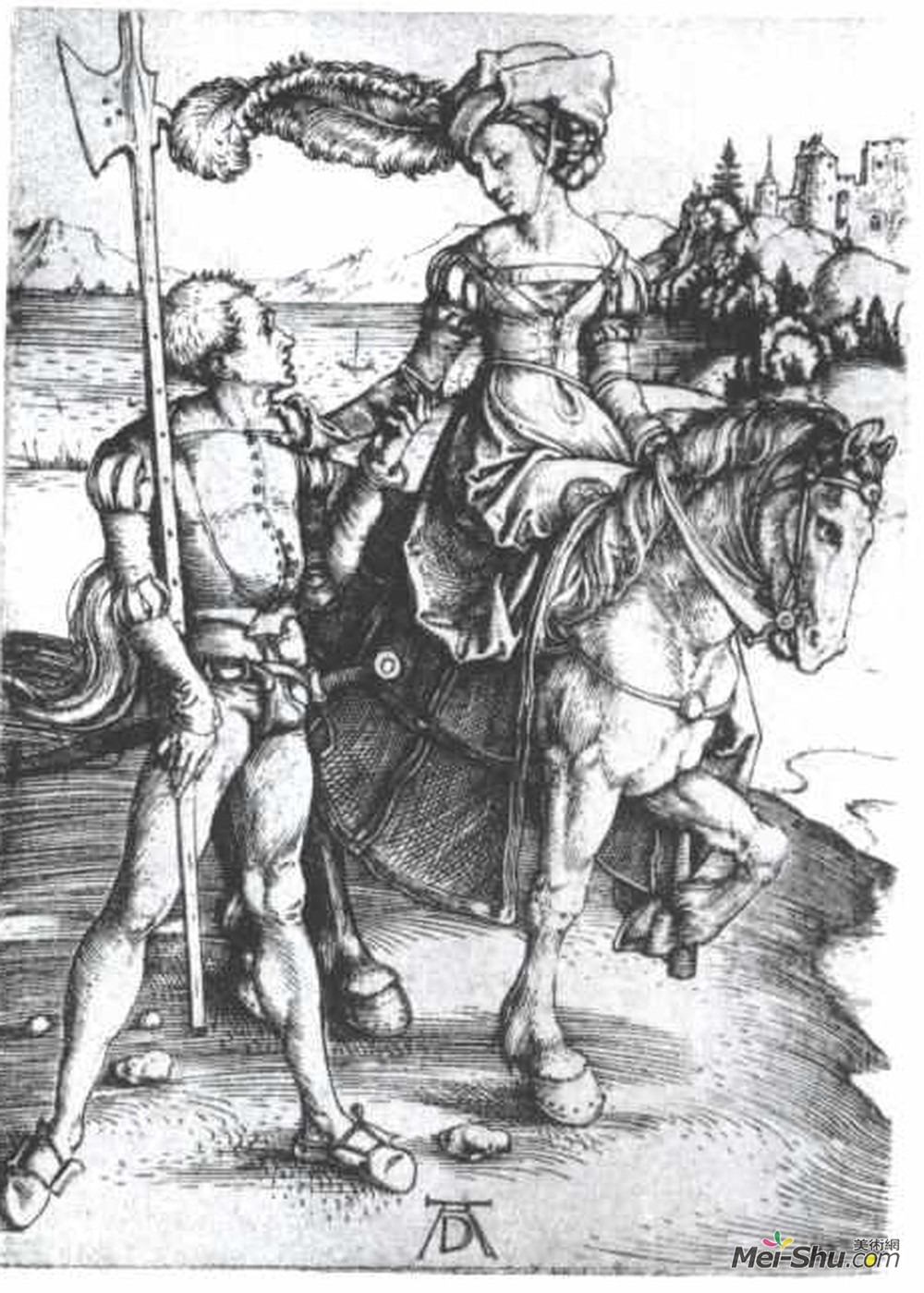 阿尔布雷希特·丢勒(Albrecht Durer)高清作品《Noble woman at horses and Lansquenet》