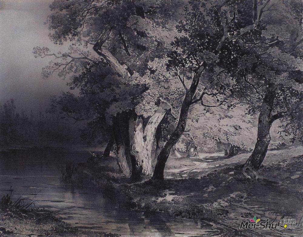 阿列克谢·孔德拉季耶维奇·萨伏拉索夫(Aleksey Savrasov)高清作品《湖边的森林，被太阳照亮》