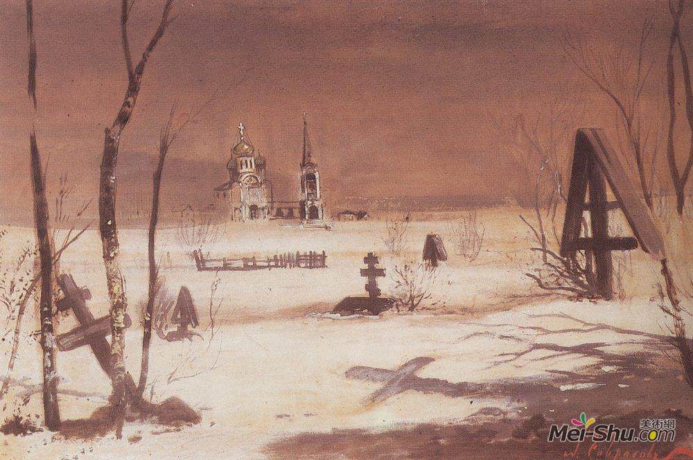 阿列克谢·孔德拉季耶维奇·萨伏拉索夫(Aleksey Savrasov)高清作品《月光下的乡村墓园》