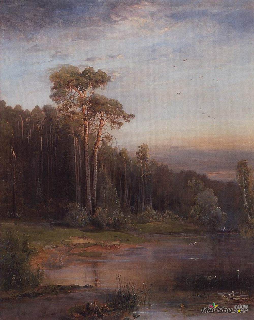 阿列克谢·孔德拉季耶维奇·萨伏拉索夫(Aleksey Savrasov)高清作品《河旁的松树夏季景观》