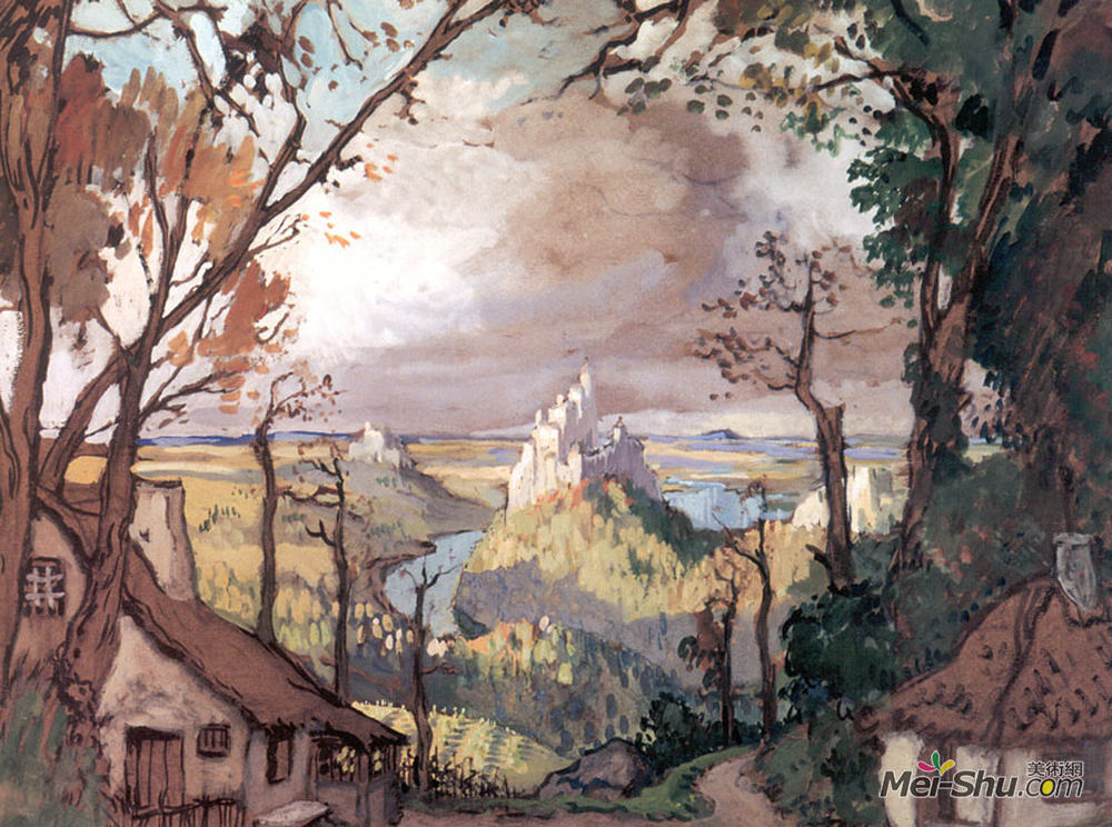 亚历山大·班耐瓦(Alexandre Benois)高清作品《乡村景观。阿丹芭蕾舞曲集设计》