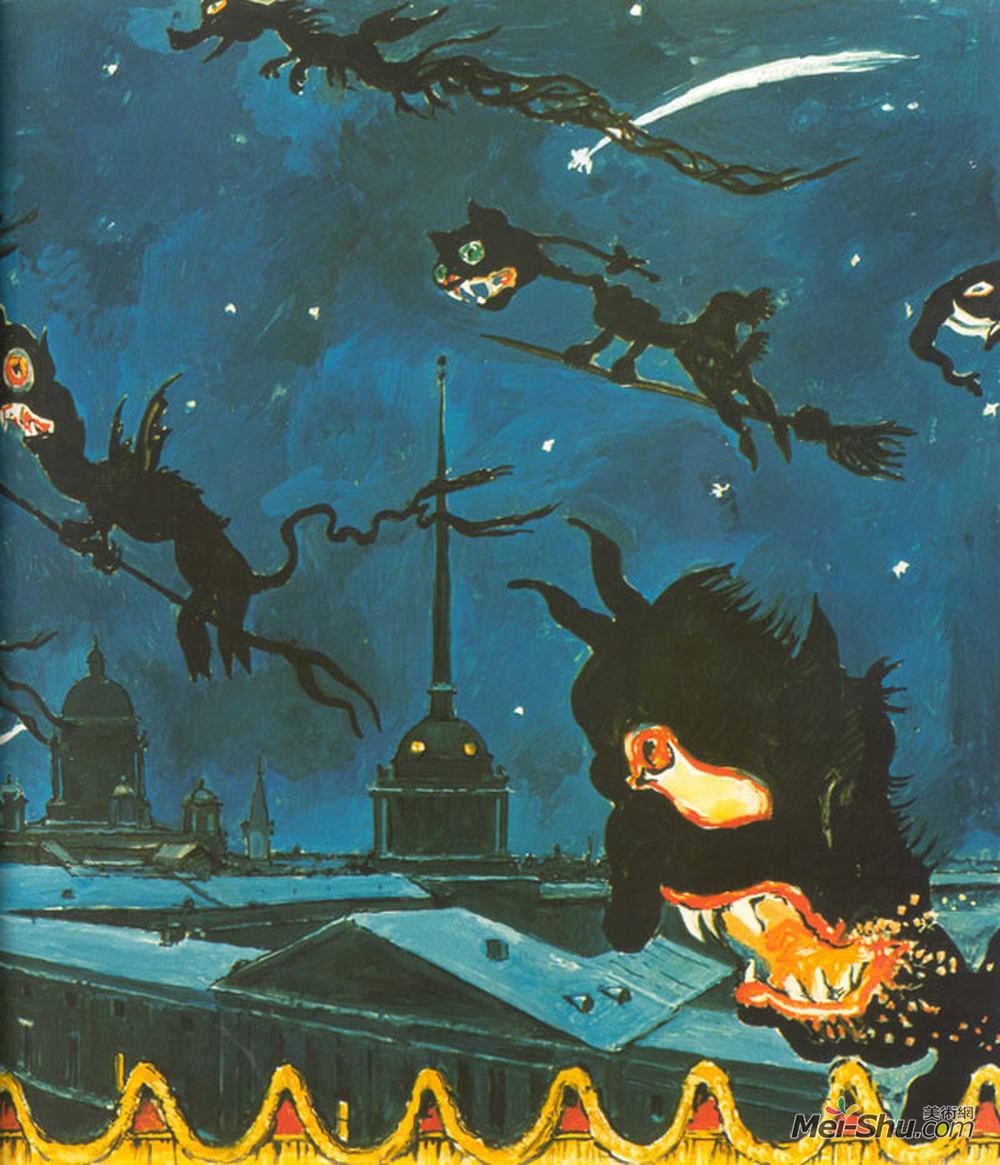亚历山大·班耐瓦(Alexandre Benois)高清作品《夜总会在夜总会。碎片。窗帘素描》