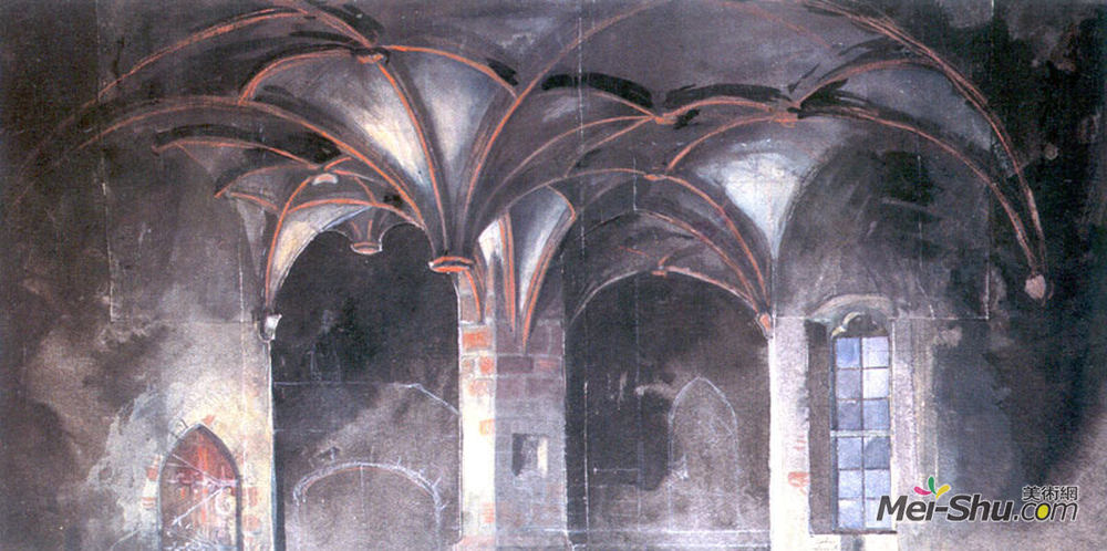 亚历山大·班耐瓦(Alexandre Benois)高清作品《Crypt of the Borotin Castle. Set Design for Grillparzer&》