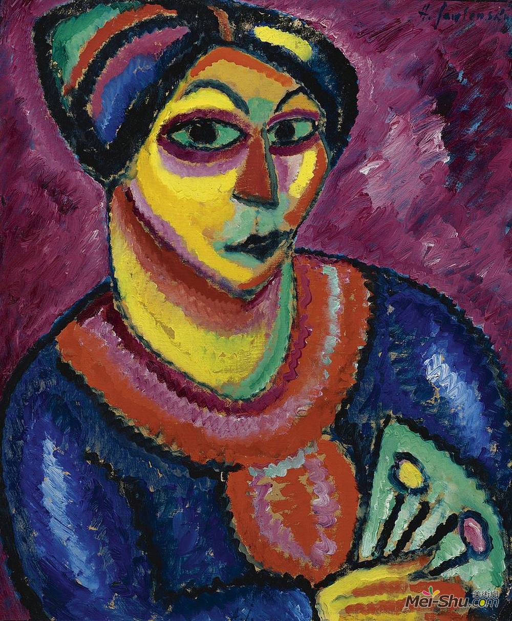 阿历克谢·冯·亚夫伦斯基(Alexej von Jawlensky)高清作品《带着绿色扇子的女人》