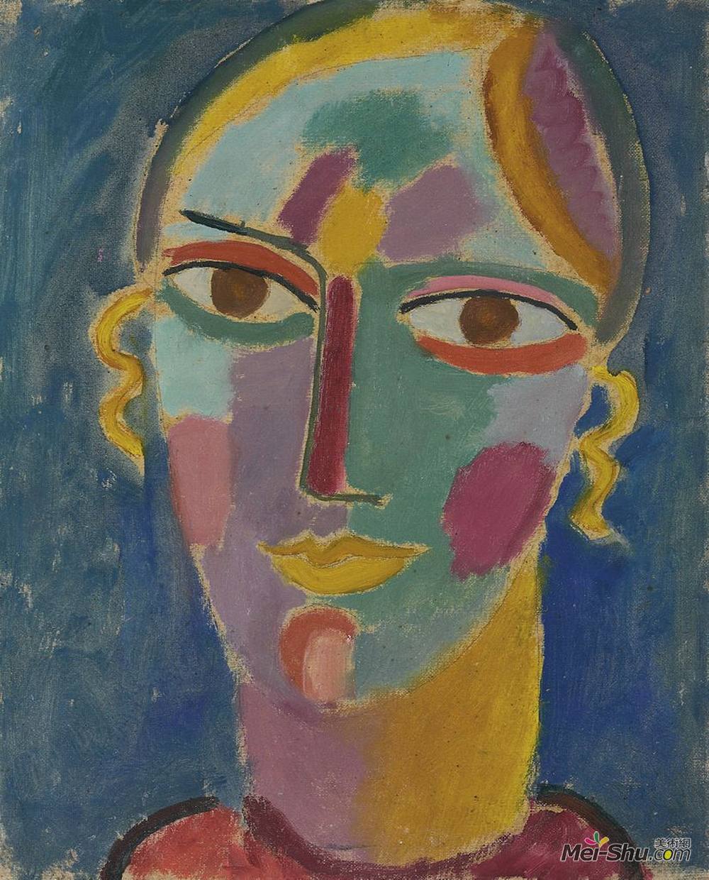 阿历克谢·冯·亚夫伦斯基(Alexej von Jawlensky)高清作品《神秘女人的头：头上的蓝色背景》