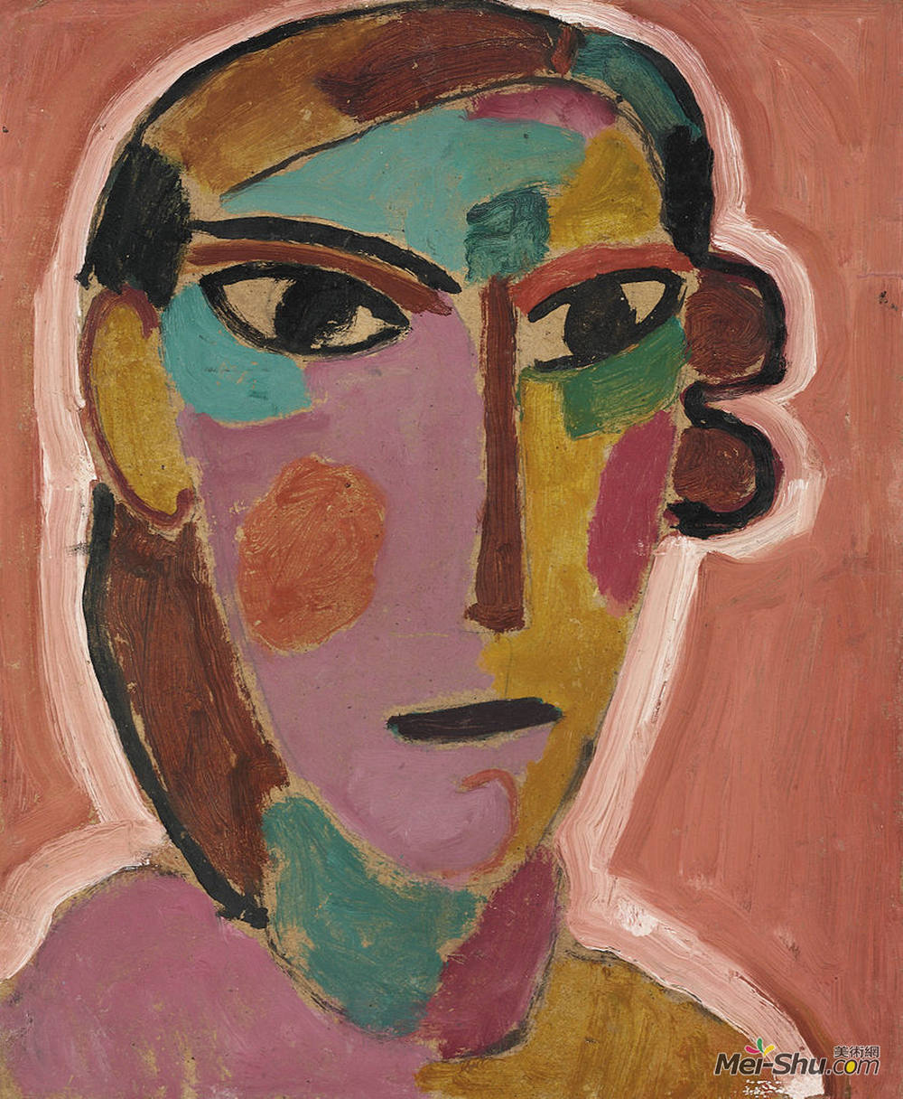 阿历克谢·冯·亚夫伦斯基(Alexej von Jawlensky)高清作品《神秘女人的头上：在红色背景》