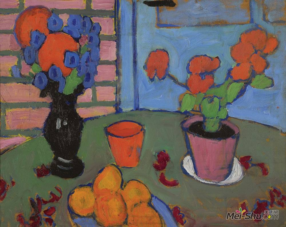 阿历克谢·冯·亚夫伦斯基(Alexej von Jawlensky)高清作品《鲜花和橘子的静物》