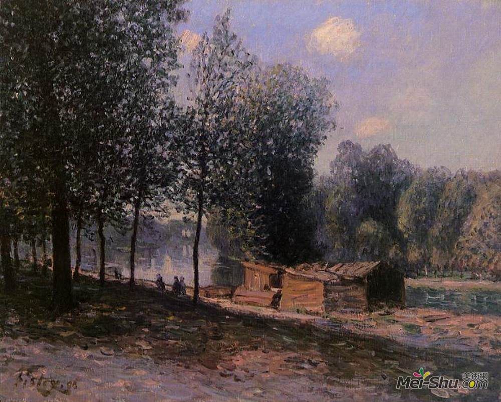 阿尔弗莱德·西斯莱(Alfred Sisley)高清作品《河边的小屋，早晨》