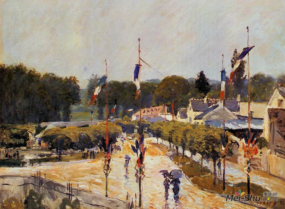 阿尔弗莱德·西斯莱(Alfred Sisley)高清作品《在玛丽莉-罗伊的庆祝日（七月十四日在马尔利）》