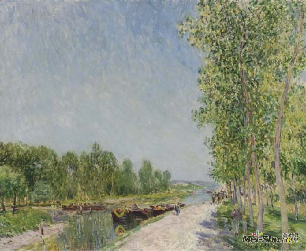 阿尔弗莱德·西斯莱(Alfred Sisley)高清作品《在运河上的堤岸上》