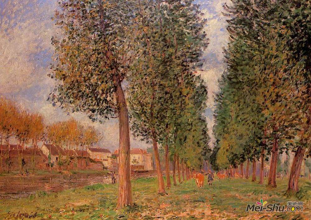 阿尔弗莱德·西斯莱(Alfred Sisley)高清作品《莫雷的白杨大道，阴天，早晨》
