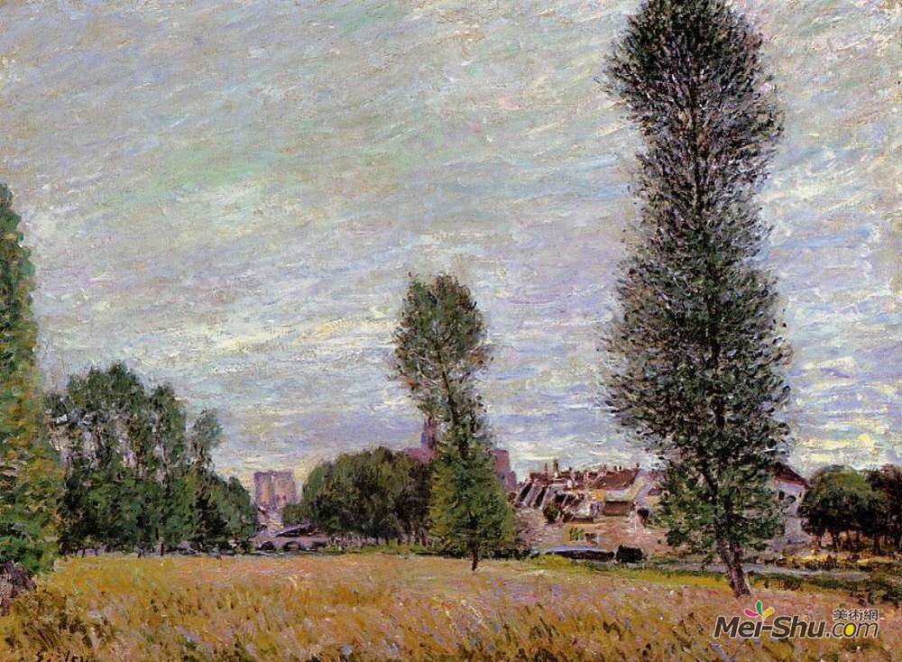 阿尔弗莱德·西斯莱(Alfred Sisley)高清作品《从田野看到的莫雷特村》