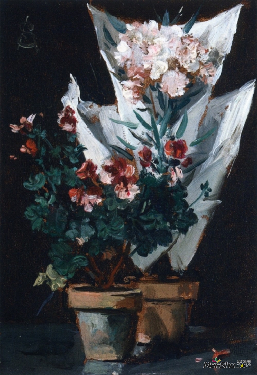 阿尔弗雷德·史蒂文斯(Alfred Stevens)高清作品《盆栽天竺葵静物》