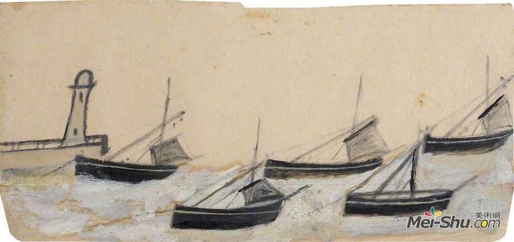 艾尔弗雷德沃利斯(Alfred Wallis)高清作品《码头和灯塔锚泊的五艘渔船》