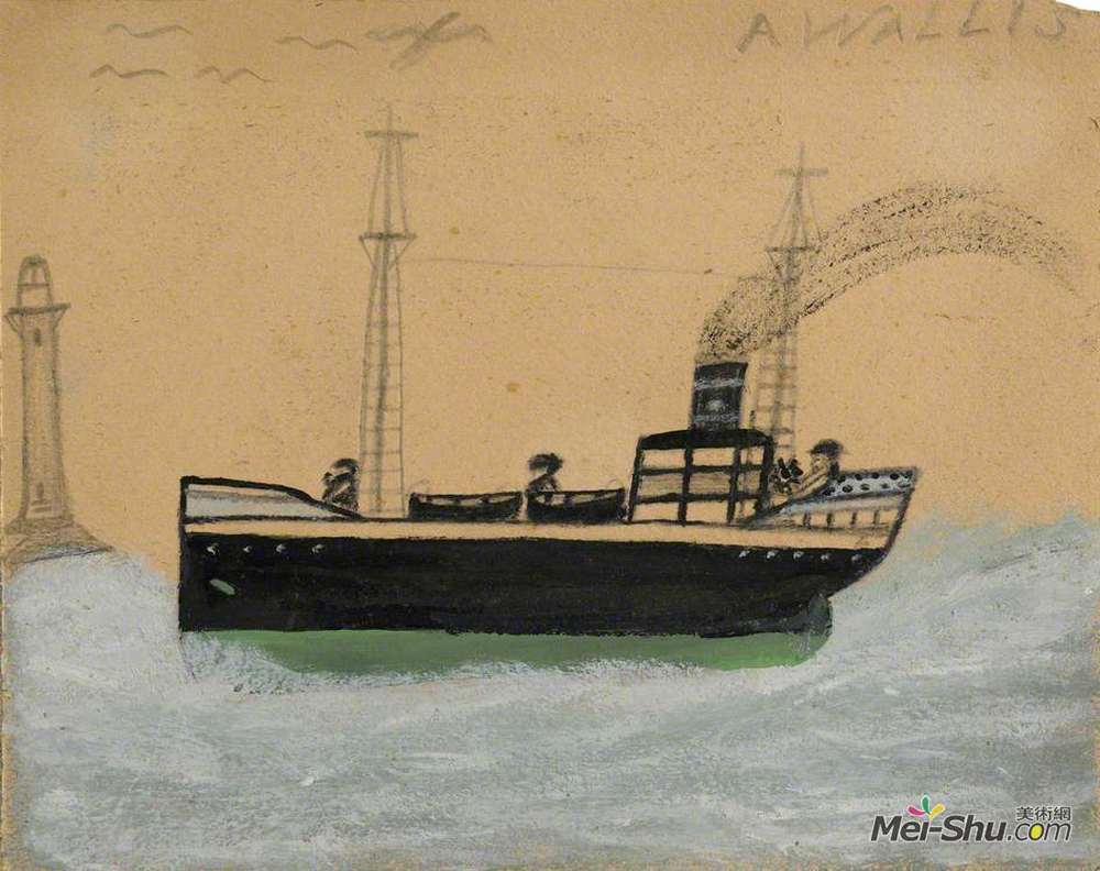 艾尔弗雷德沃利斯(Alfred Wallis)高清作品《绿色和黑色的轮船，灯塔和海鸥》