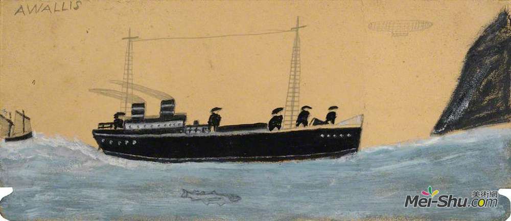 艾尔弗雷德沃利斯(Alfred Wallis)高清作品《有飞艇和鲨鱼的汽船》