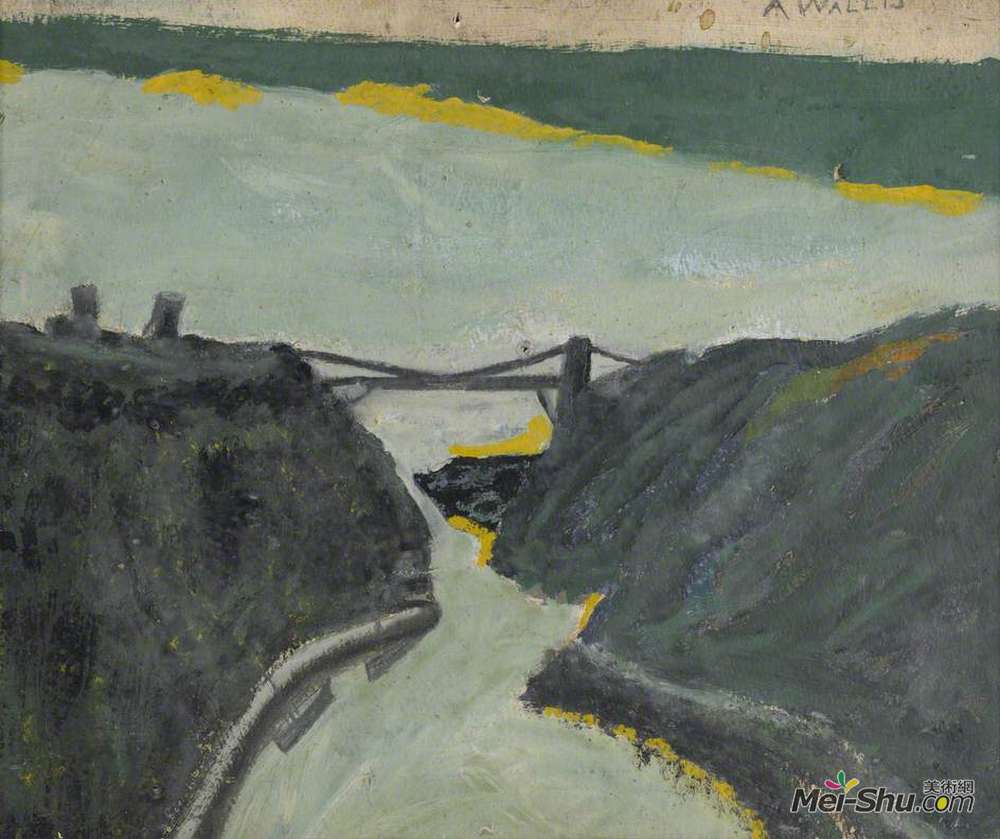 艾尔弗雷德沃利斯(Alfred Wallis)高清作品《河口峡谷（布里斯托尔海峡和悬索桥）》