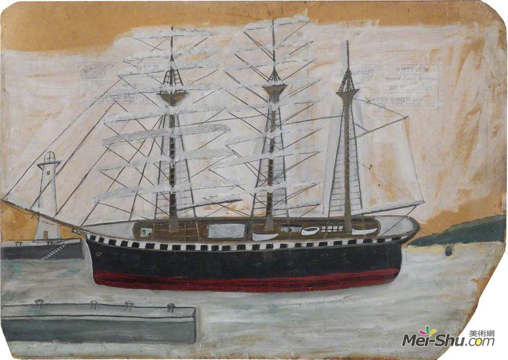 艾尔弗雷德沃利斯(Alfred Wallis)高清作品《靠近灯塔的三桅船》