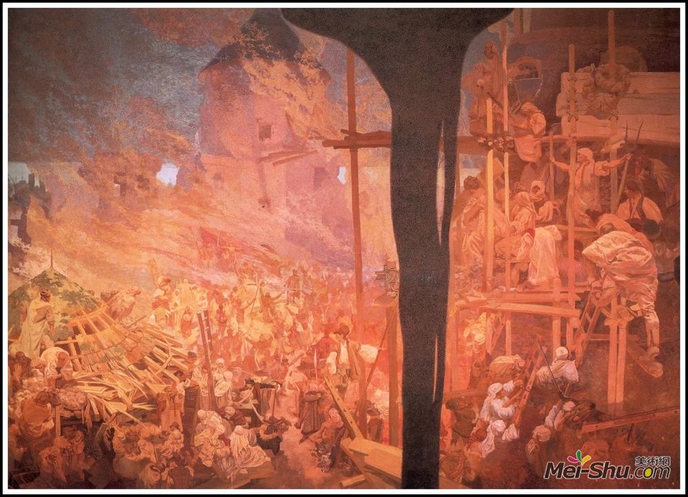 阿尔丰斯·慕夏(Alphonse Mucha)高清作品《斯齐盖特对土耳其人的防御》