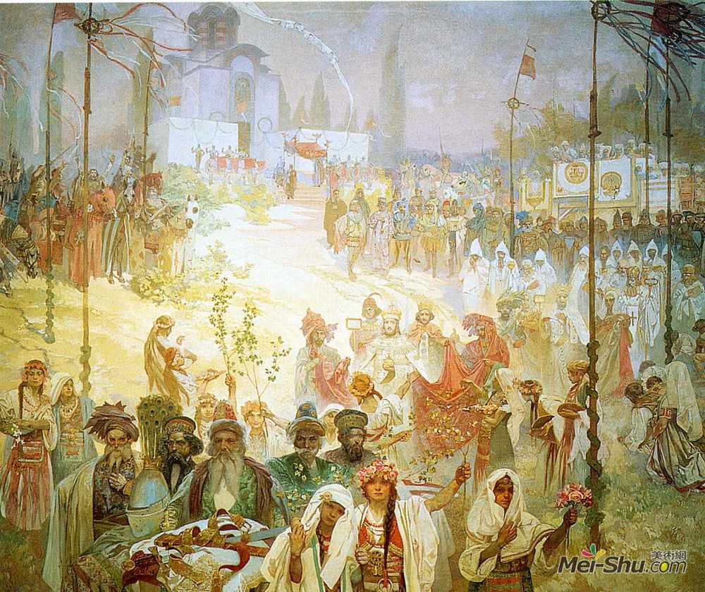 阿尔丰斯·慕夏(Alphonse Mucha)高清作品《塞尔维亚沙皇斯特潘杜桑的加冕典礼》
