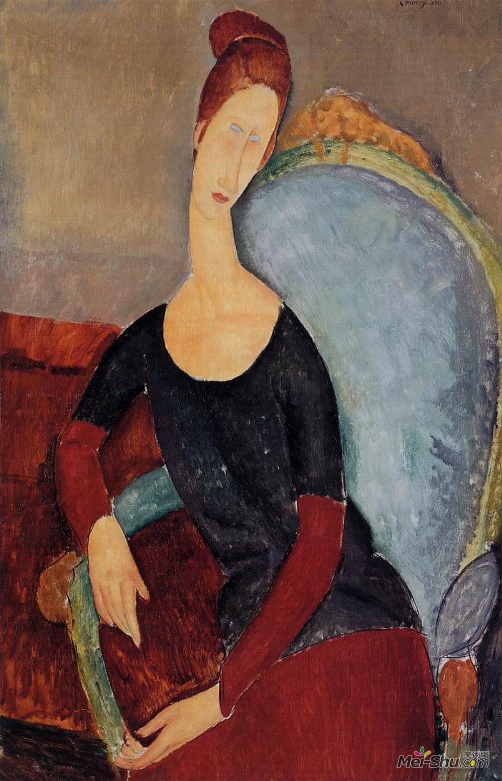 阿梅代奥·莫迪利亚尼(Amedeo Modigliani)高清作品《Portrait of Jeanne Hebuterne in a Blue Chair》