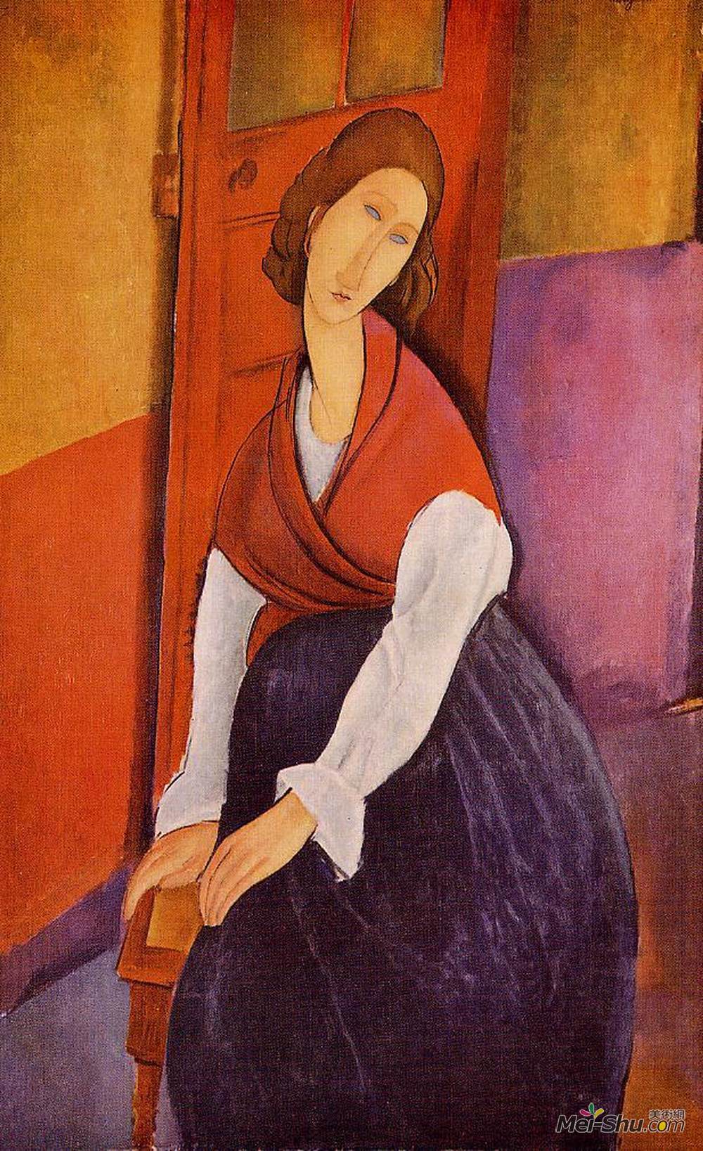 阿梅代奥·莫迪利亚尼(Amedeo Modigliani)高清作品《Jeanne Hebuterne in Red Shawl》