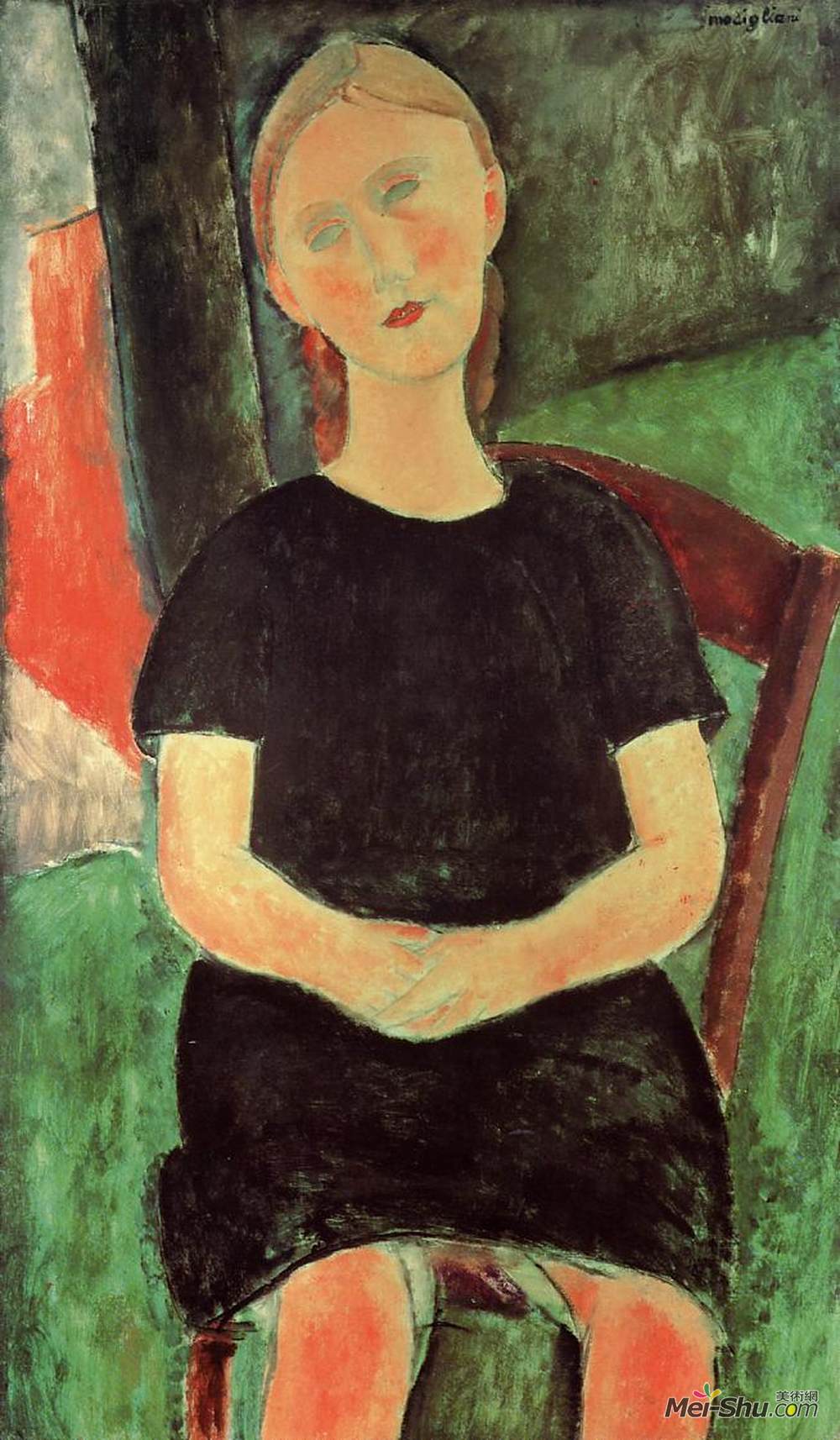 阿梅代奥·莫迪利亚尼(Amedeo Modigliani)高清作品《坐着的年轻女子》