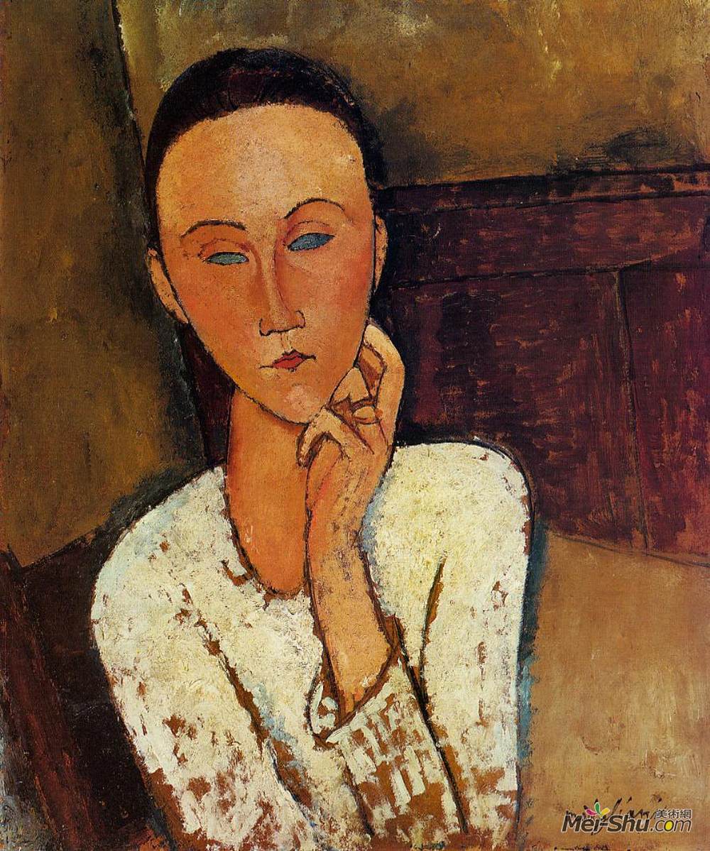 阿梅代奥·莫迪利亚尼(Amedeo Modigliani)高清作品《Lunia Czechowska with her left hand on her cheek》