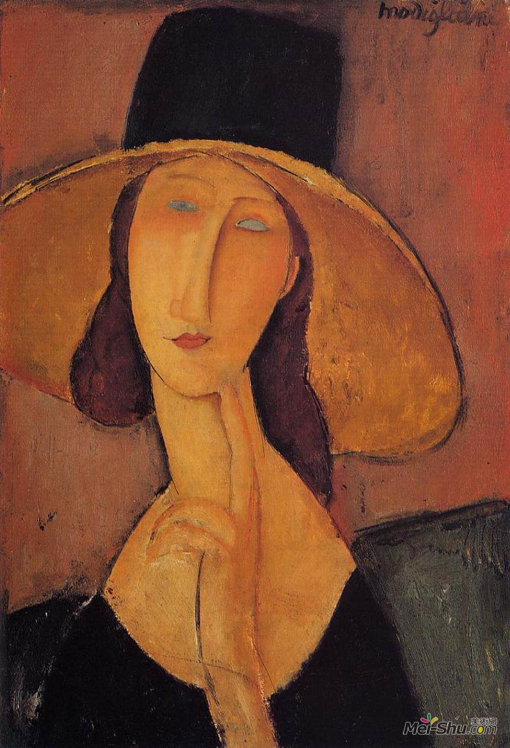 阿梅代奥·莫迪利亚尼(Amedeo Modigliani)高清作品《Portrait of Jeanne Hebuterne in a large hat》