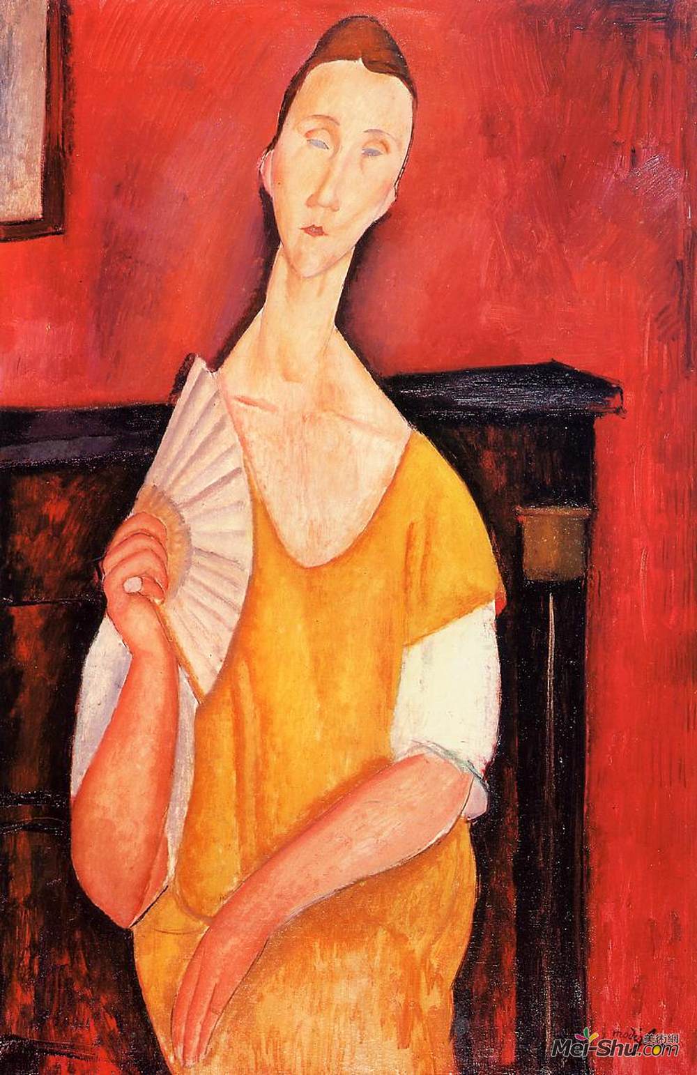 阿梅代奥·莫迪利亚尼(Amedeo Modigliani)高清作品《有扇子的女人（卢尼亚西佐夫斯卡）》